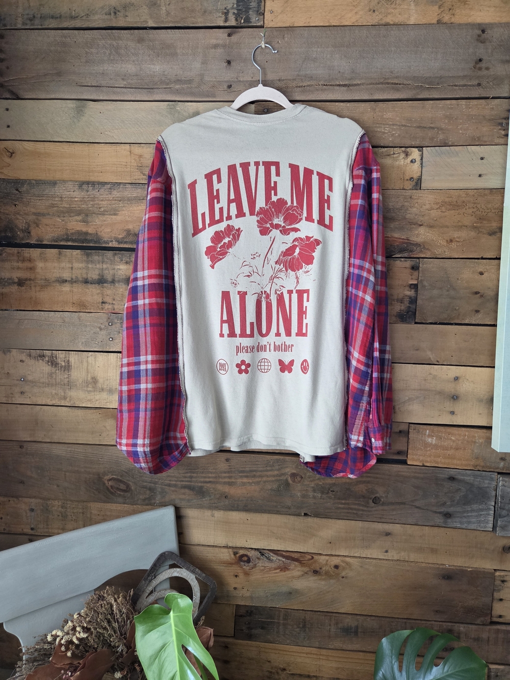 Upcycled Leave Me Alone Graphic Tee with Red Plaid Sleeve Detail - Picture 11 of 12